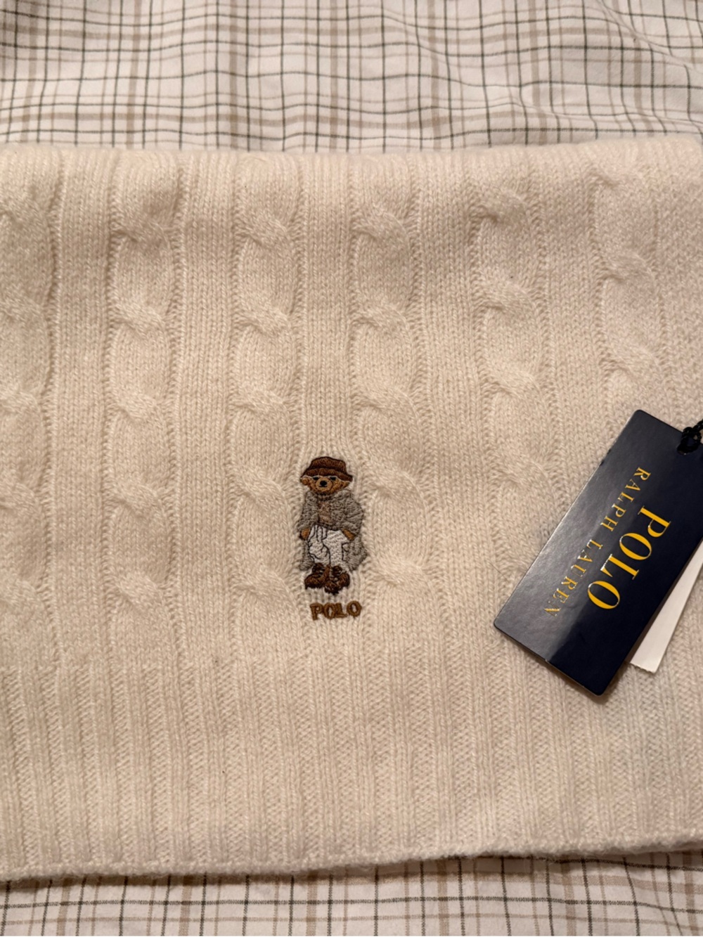 Ralph Lauren Cream Cable-Knit Scarf with Bear Motif